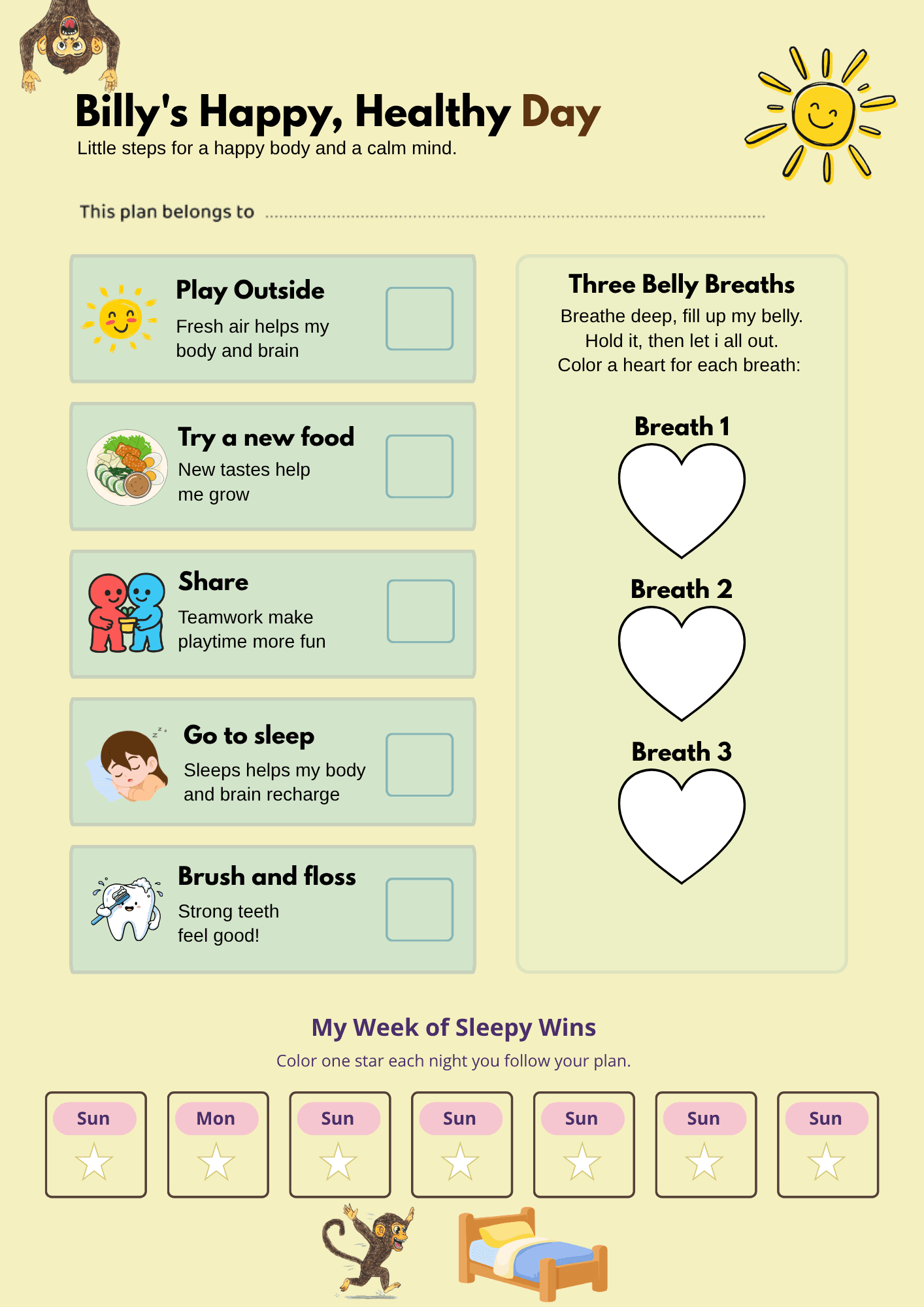 Printable Billy's Happy, Healthy Day activity sheet preview