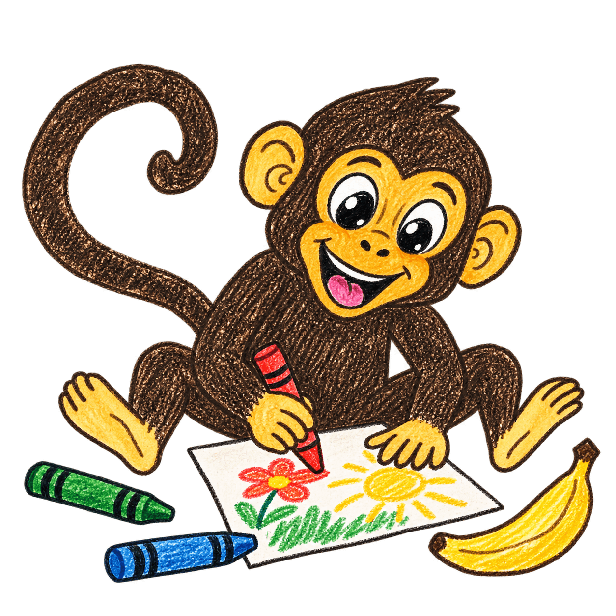 Billy Monkey happily drawing with colorful crayons