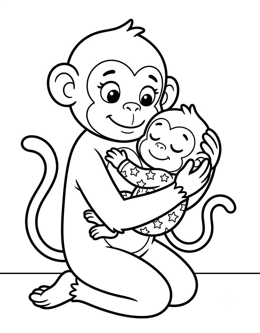Preview of monkey family cuddle colouring page